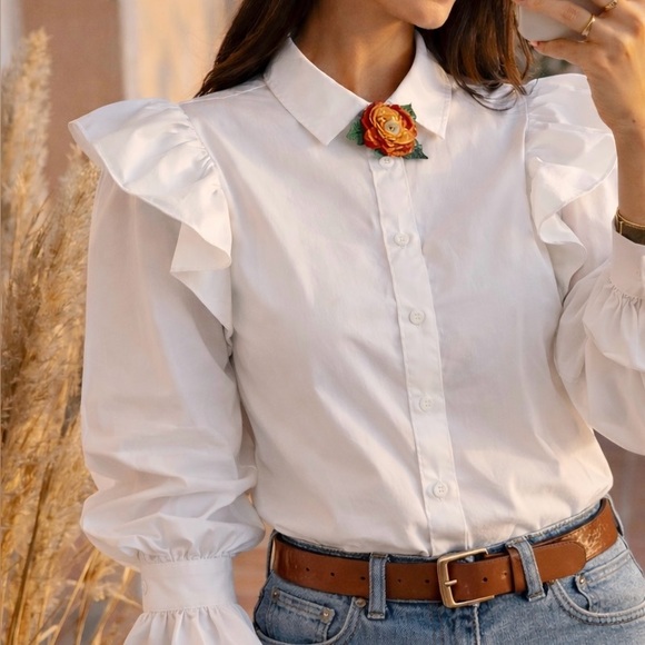 Shein White Ruffle Cottagecore Coquette Girl Blouse, Size L - Picture 1 of 12